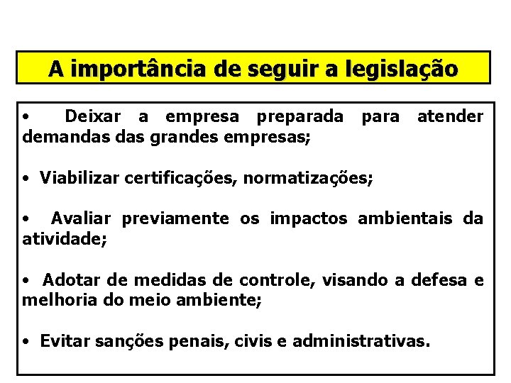 A importância de seguir a legislação • Deixar a empresa preparada demandas grandes empresas;