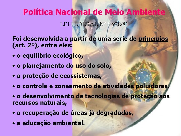 Política Nacional de Meio Ambiente LEI FEDERAL Nº 6. 938/81 Foi desenvolvida a partir