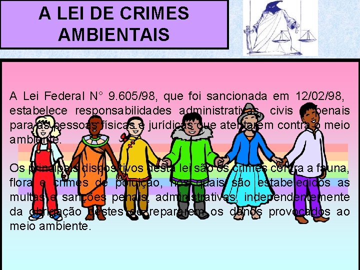 A LEI DE CRIMES AMBIENTAIS A Lei Federal N° 9. 605/98, que foi sancionada