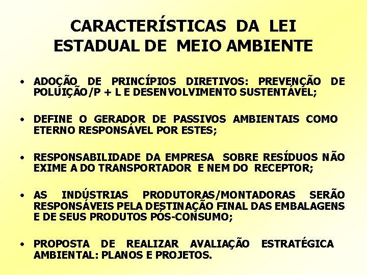 CARACTERÍSTICAS DA LEI ESTADUAL DE MEIO AMBIENTE • ADOÇÃO DE PRINCÍPIOS DIRETIVOS: PREVENÇÃO DE