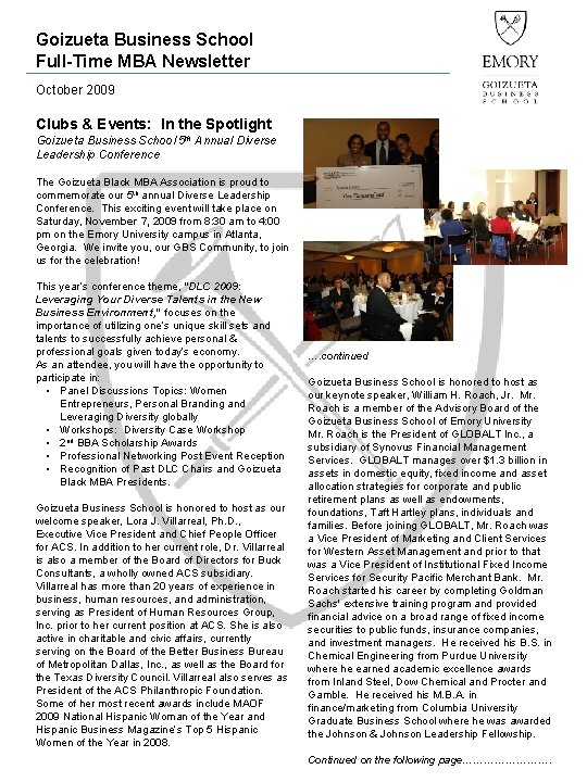 Goizueta Business School Full-Time MBA Newsletter October 2009 Clubs & Events: In the Spotlight