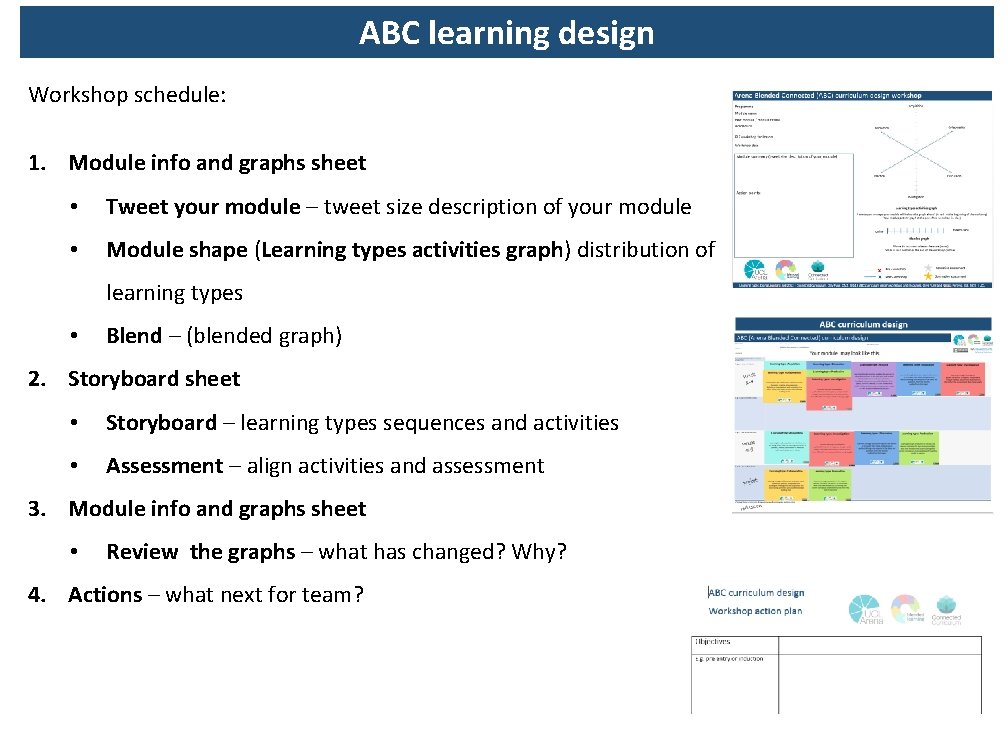 ABC learning design Workshop schedule: 1. Module info and graphs sheet • Tweet your