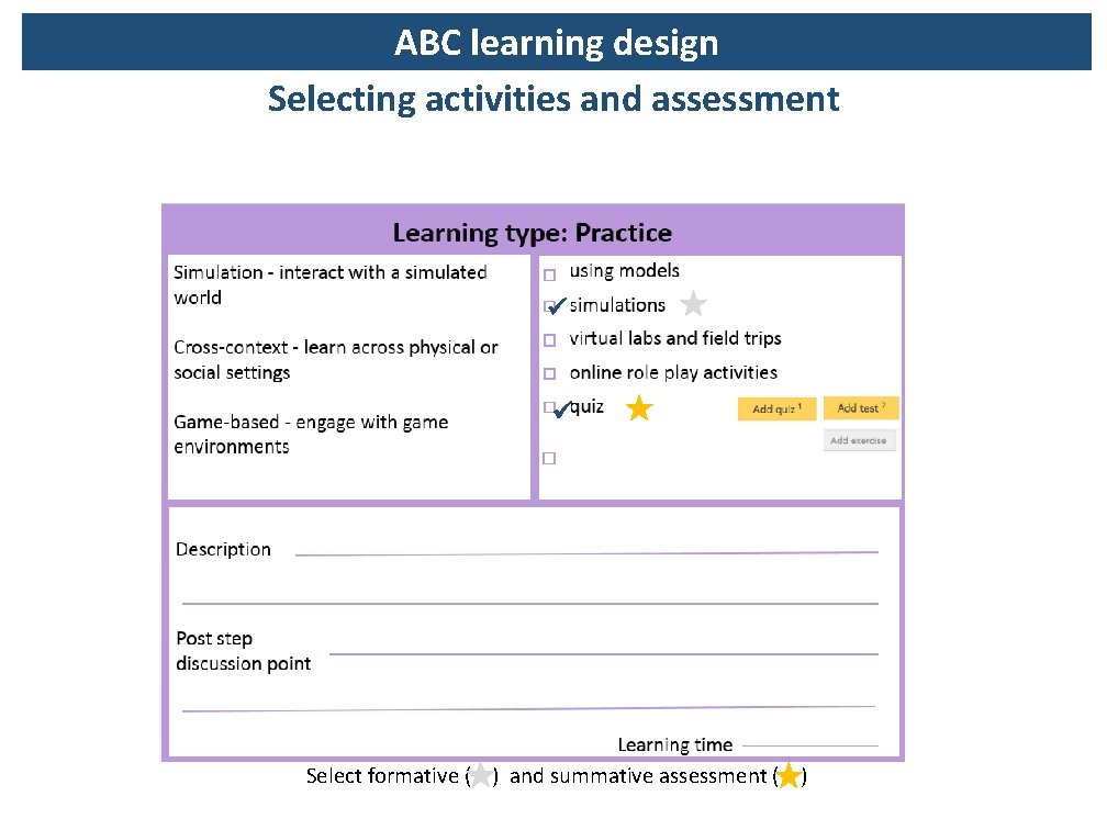 ABC learning design Selecting activities and assessment Select formative ( ) and summative assessment