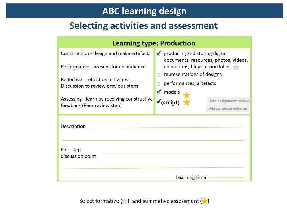 ABC learning design Selecting activities and assessment (script) Select formative ( ) and summative