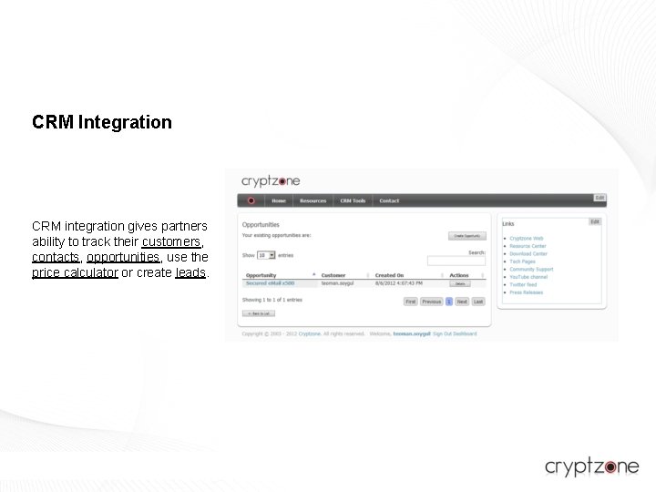 CRM Integration CRM integration gives partners ability to track their customers, contacts, opportunities, use