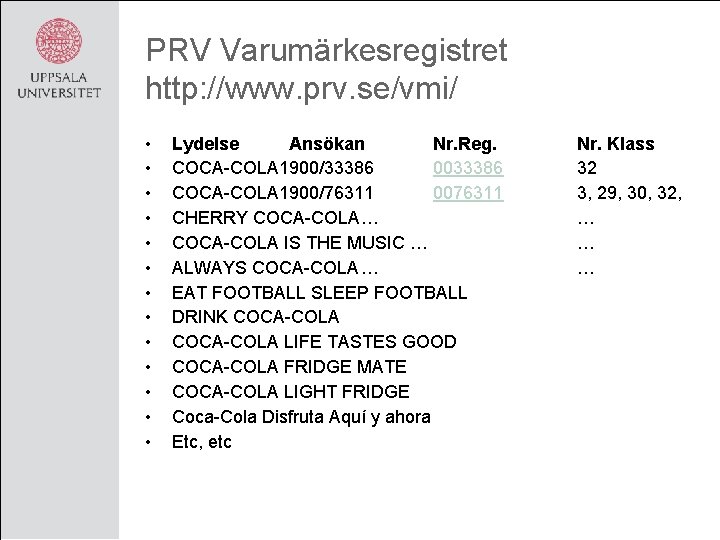 PRV Varumärkesregistret http: //www. prv. se/vmi/ • • • • Lydelse Ansökan Nr. Reg.