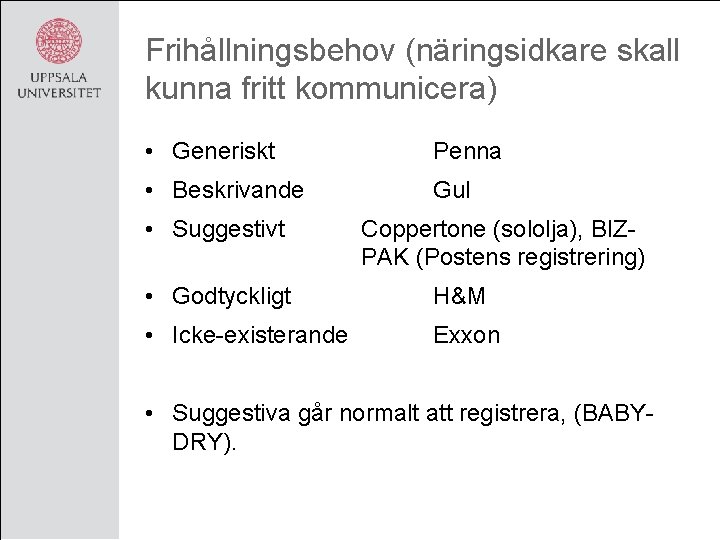 Frihållningsbehov (näringsidkare skall kunna fritt kommunicera) • Generiskt Penna • Beskrivande Gul • Suggestivt