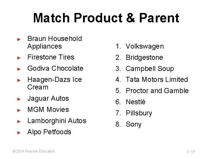 Match Product & Parent Braun Household Appliances 1. Volkswagen ► Firestone Tires 2. Bridgestone