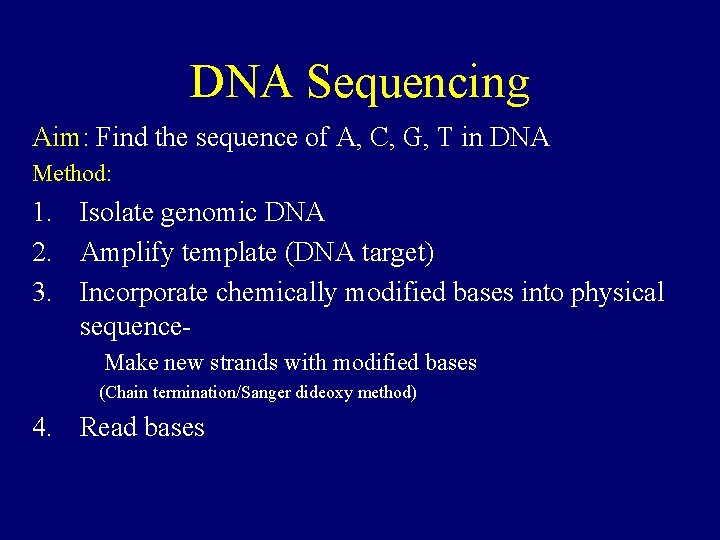 DNA Sequencing Aim: Find the sequence of A, C, G, T in DNA Method: