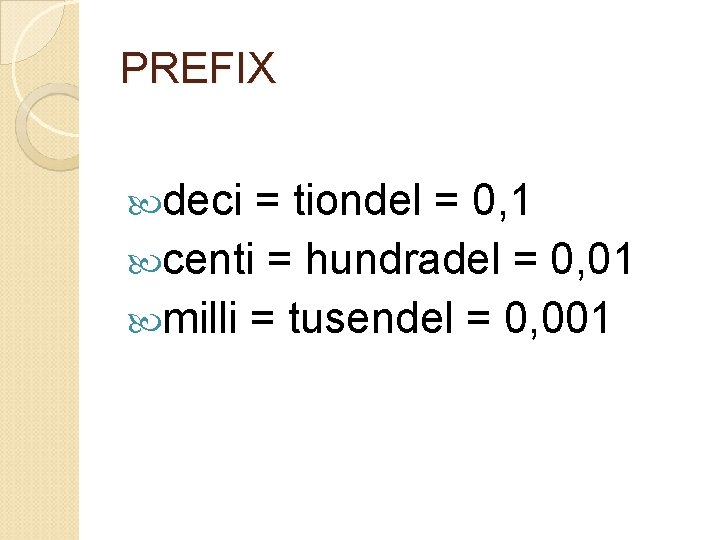 PREFIX deci = tiondel = 0, 1 centi = hundradel = 0, 01 milli