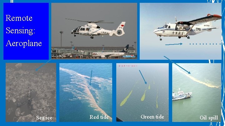 Remote Sensing: Aeroplane Sea ice ………… Red tide Green tide Oil spill 