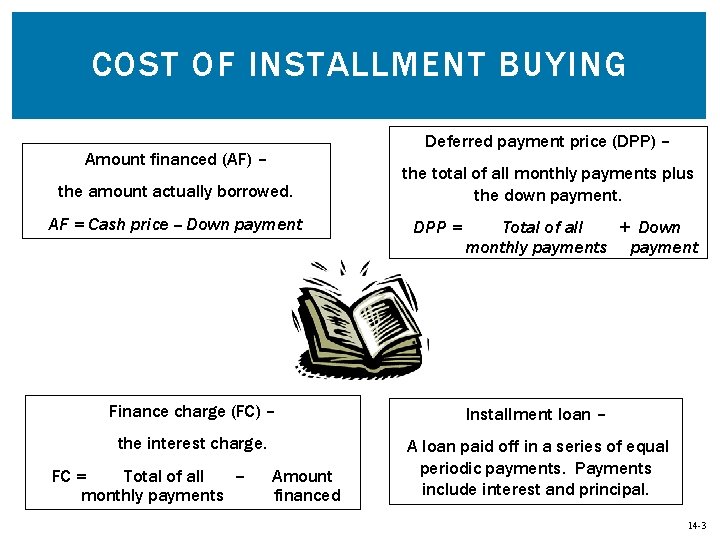 COST OF INSTALLMENT BUYING Deferred payment price (DPP) – Amount financed (AF) – the