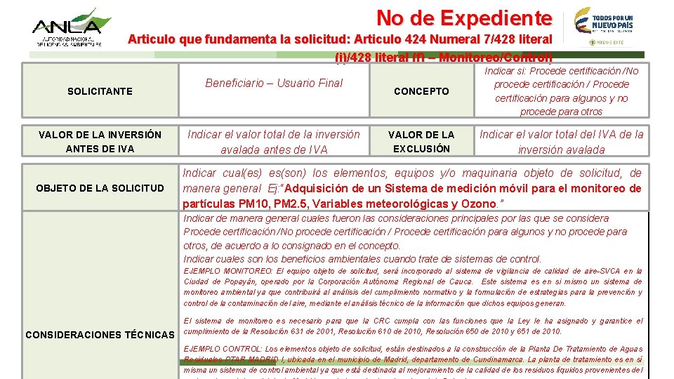 No de Expediente Articulo que fundamenta la solicitud: Articulo 424 Numeral 7/428 literal (i)/428