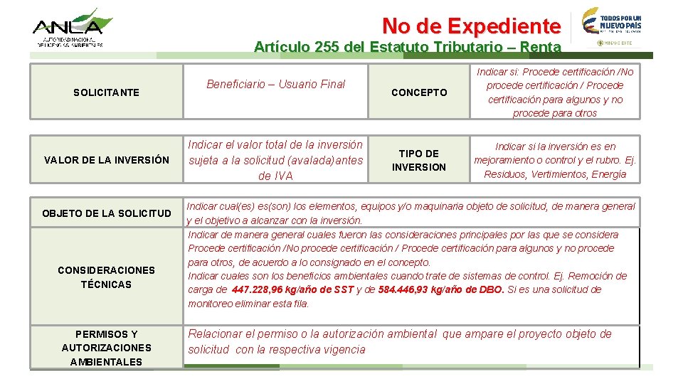 No de Expediente Artículo 255 del Estatuto Tributario – Renta SOLICITANTE VALOR DE LA