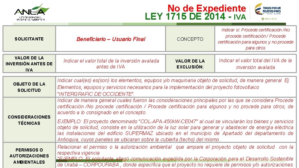 No de Expediente LEY 1715 DE 2014 - IVA SOLICITANTE Beneficiario – Usuario Final