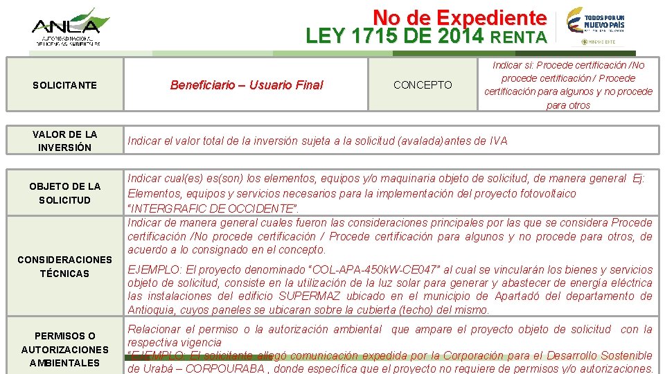 No de Expediente LEY 1715 DE 2014 RENTA SOLICITANTE VALOR DE LA INVERSIÓN OBJETO
