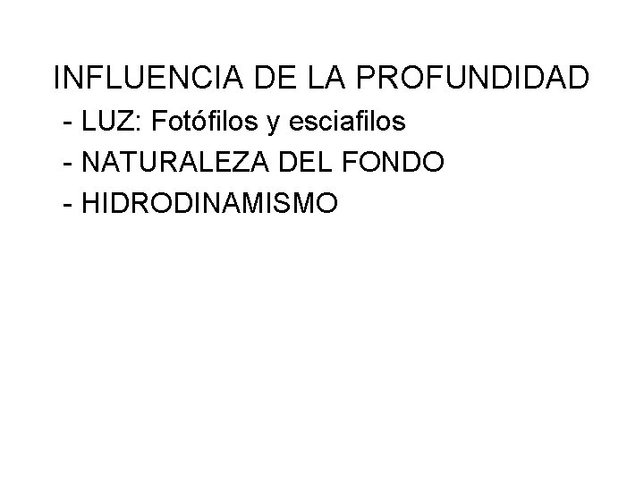 INFLUENCIA DE LA PROFUNDIDAD - LUZ: Fotófilos y esciafilos - NATURALEZA DEL FONDO -