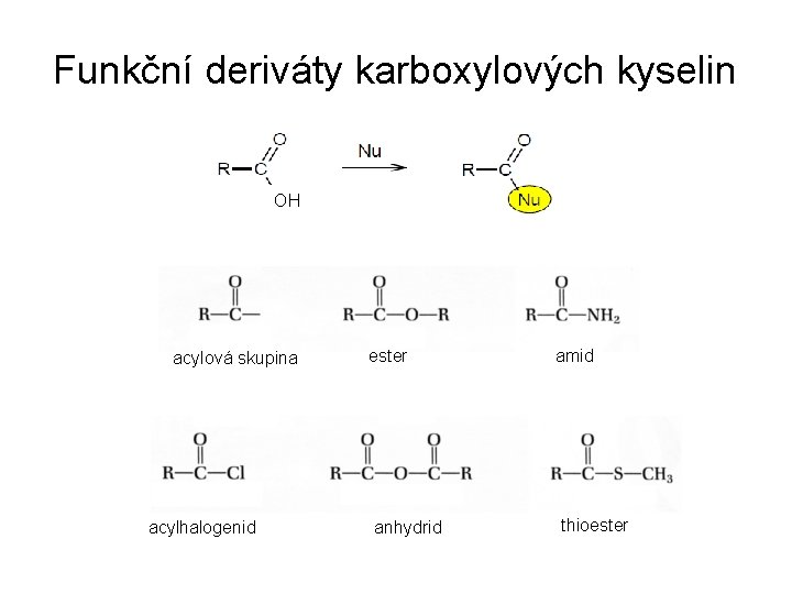Funkční deriváty karboxylových kyselin OH acylová skupina acylhalogenid ester anhydrid amid thioester 