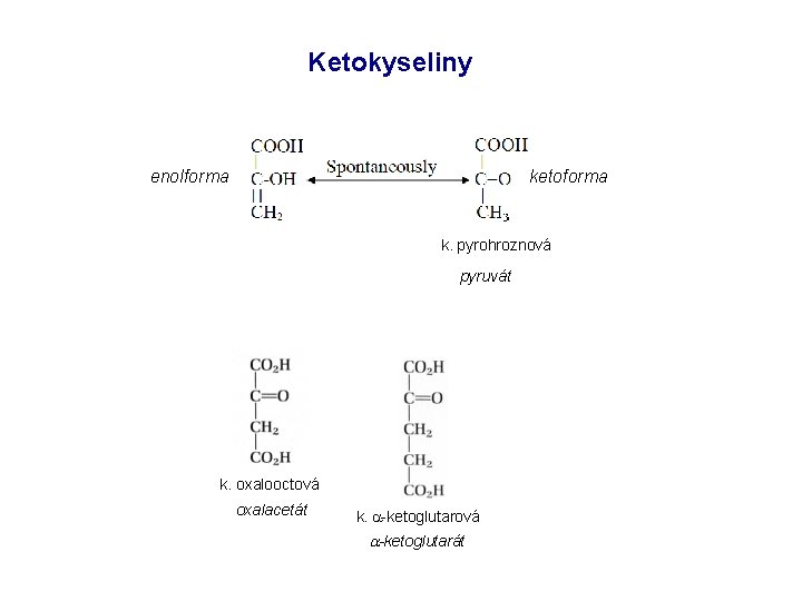 Ketokyseliny enolforma ketoforma k. pyrohroznová pyruvát k. oxalooctová oxalacetát k. a-ketoglutarová a-ketoglutarát 