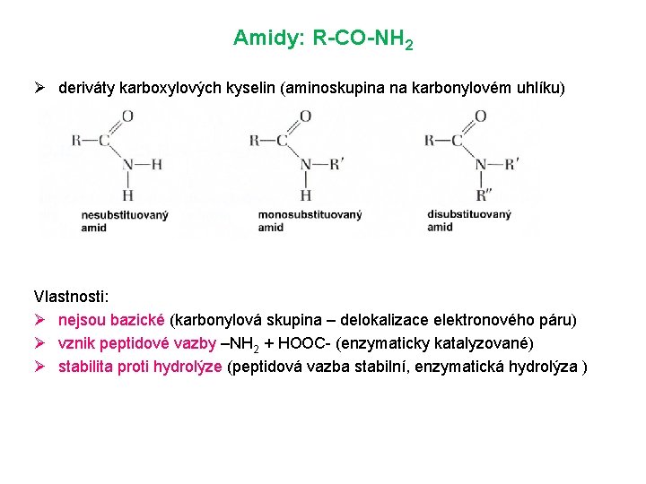 Amidy: R-CO-NH 2 Ø deriváty karboxylových kyselin (aminoskupina na karbonylovém uhlíku) Vlastnosti: Ø nejsou Amidy: R-CO-NH 2 Ø deriváty karboxylových kyselin (aminoskupina na karbonylovém uhlíku) Vlastnosti: Ø nejsou