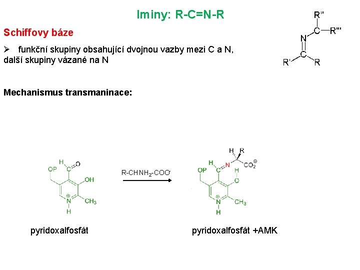 Iminy: R-C=N-R Schiffovy báze Ø funkční skupiny obsahující dvojnou vazby mezi C a N, Iminy: R-C=N-R Schiffovy báze Ø funkční skupiny obsahující dvojnou vazby mezi C a N,