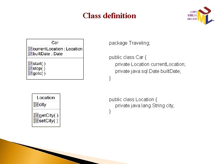 Class definition package Traveling; public class Car { private Location current. Location; private java.