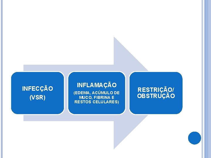 INFECÇÃO (VSR) INFLAMAÇÃO (EDEMA, ACÚMULO DE MUCO, FIBRINA E RESTOS CELULARES) RESTRIÇÃO/ OBSTRUÇÃO 