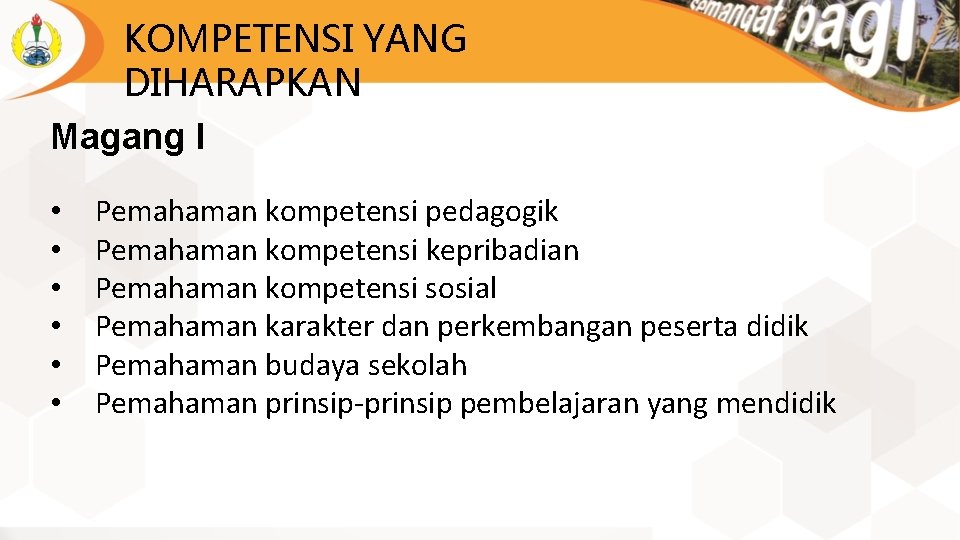 KOMPETENSI YANG DIHARAPKAN Magang I • • • Pemahaman kompetensi pedagogik Pemahaman kompetensi kepribadian