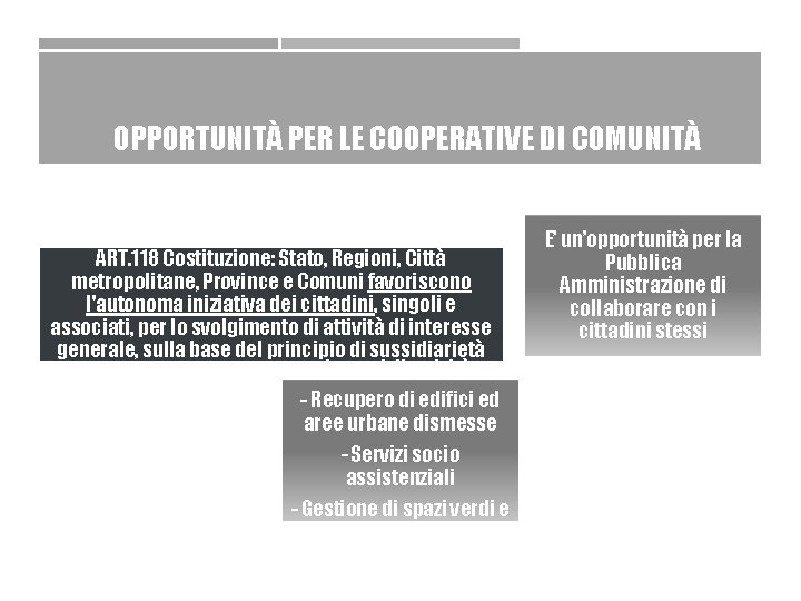 OPPORTUNITÀ PER LE COOPERATIVE DI COMUNITÀ ART. 118 Costituzione: Stato, Regioni, Città metropolitane, Province