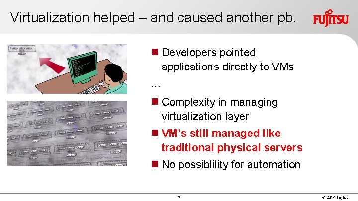 Virtualization helped – and caused another pb. Developers pointed applications directly to VMs …