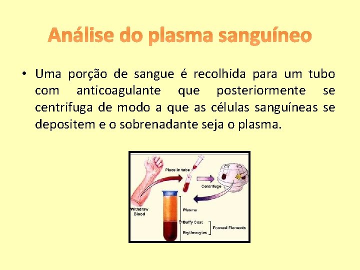 Análise do plasma sanguíneo • Uma porção de sangue é recolhida para um tubo