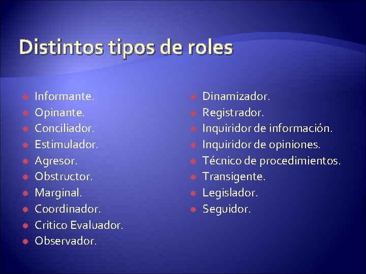 Distintos tipos de roles Informante. Opinante. Conciliador. Estimulador. Agresor. Obstructor. Marginal. Coordinador. Critico Evaluador.