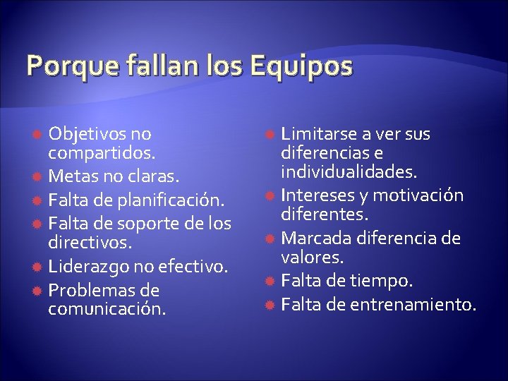 Porque fallan los Equipos Objetivos no compartidos. Metas no claras. Falta de planificación. Falta