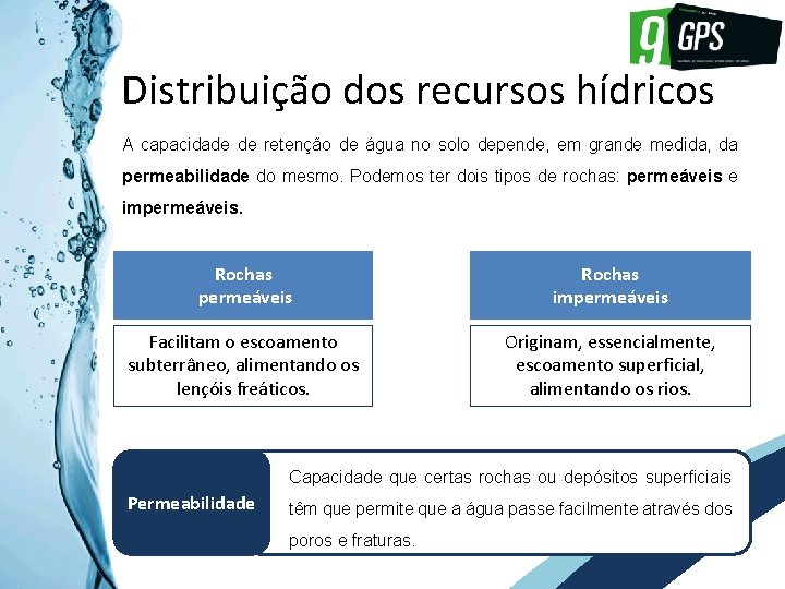 GPS 9 Distribuição dos recursos hídricos A capacidade de retenção de água no solo