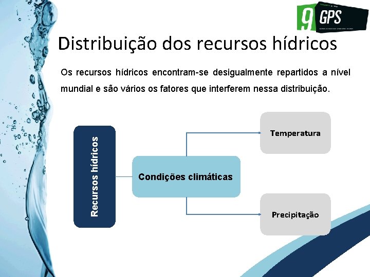 GPS 9 Distribuição dos recursos hídricos Os recursos hídricos encontram-se desigualmente repartidos a nível