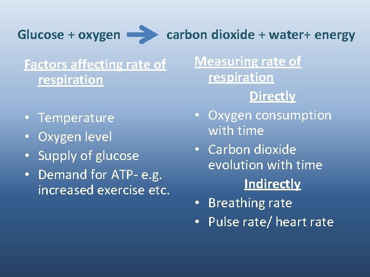 Glucose + oxygen carbon dioxide + water+ energy Factors affecting rate of respiration •