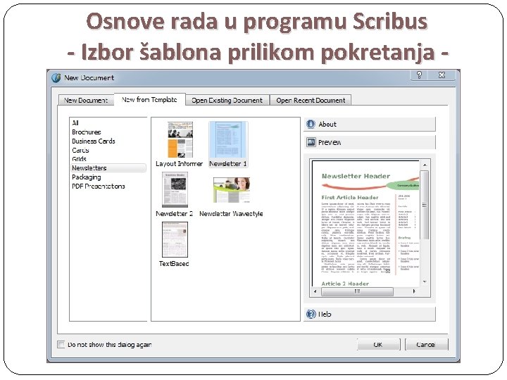 Osnove rada u programu Scribus - Izbor šablona prilikom pokretanja - 