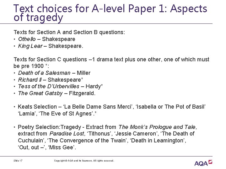 Text choices for A-level Paper 1: Aspects of tragedy Texts for Section A and