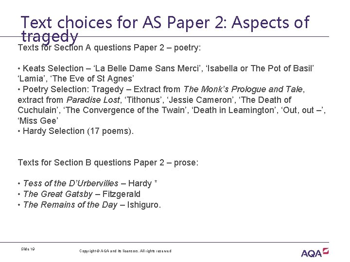 Text choices for AS Paper 2: Aspects of tragedy Texts for Section A questions