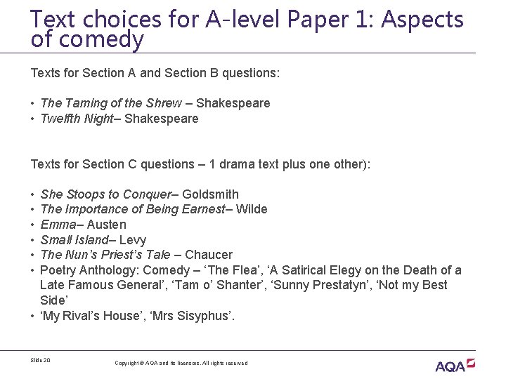 Text choices for A-level Paper 1: Aspects of comedy Texts for Section A and