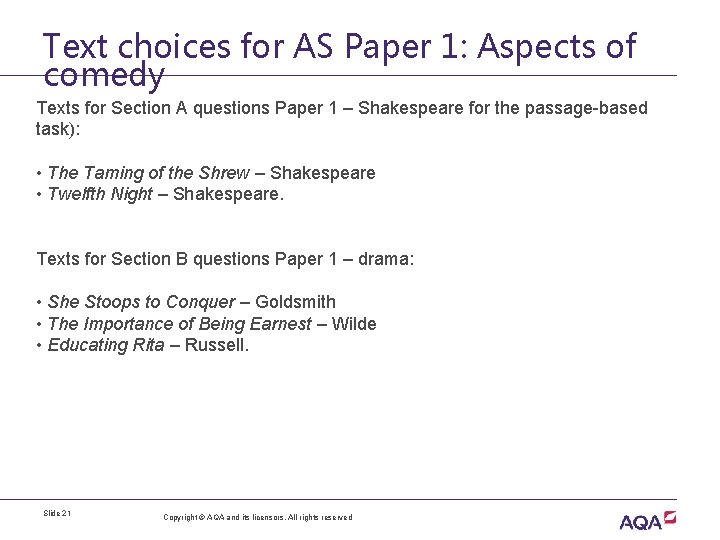 Text choices for AS Paper 1: Aspects of comedy Texts for Section A questions