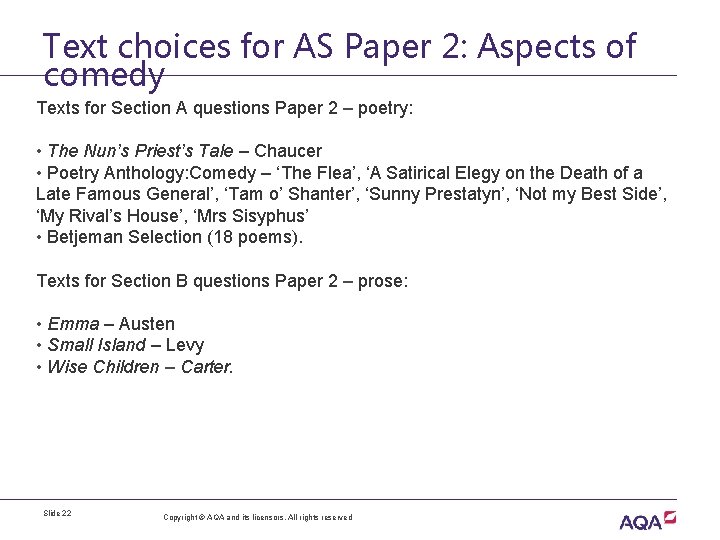 Text choices for AS Paper 2: Aspects of comedy Texts for Section A questions