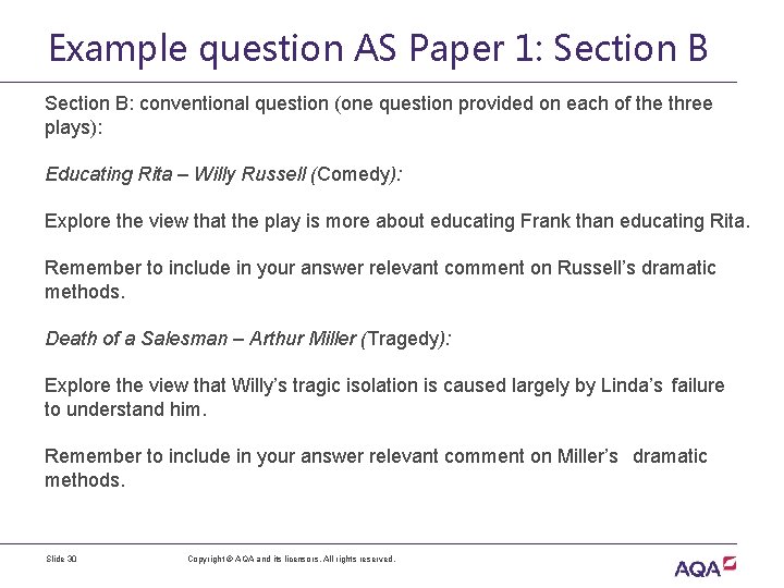 Example question AS Paper 1: Section B: conventional question (one question provided on each