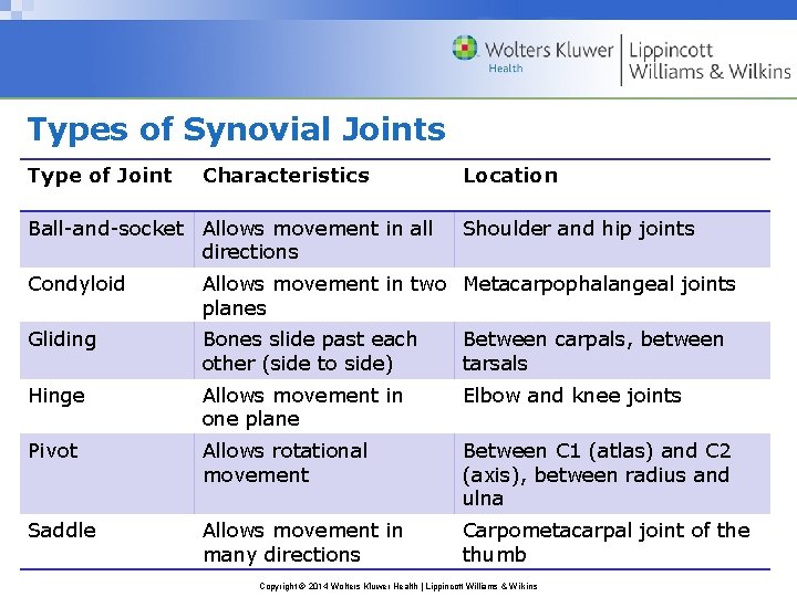 Types of Synovial Joints Type of Joint Characteristics Ball-and-socket Allows movement in all directions