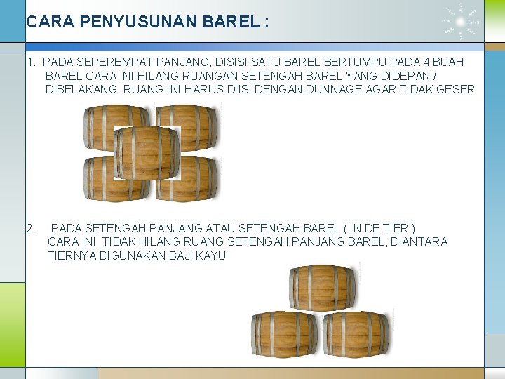 CARA PENYUSUNAN BAREL : 1. PADA SEPEREMPAT PANJANG, DISISI SATU BAREL BERTUMPU PADA 4
