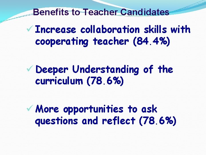 Benefits to Teacher Candidates ü Increase collaboration skills with cooperating teacher (84. 4%) ü