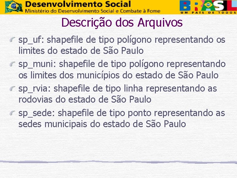 Descrição dos Arquivos sp_uf: shapefile de tipo polígono representando os limites do estado de