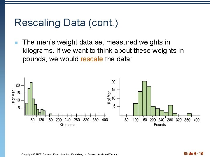 Rescaling Data (cont. ) n The men’s weight data set measured weights in kilograms.