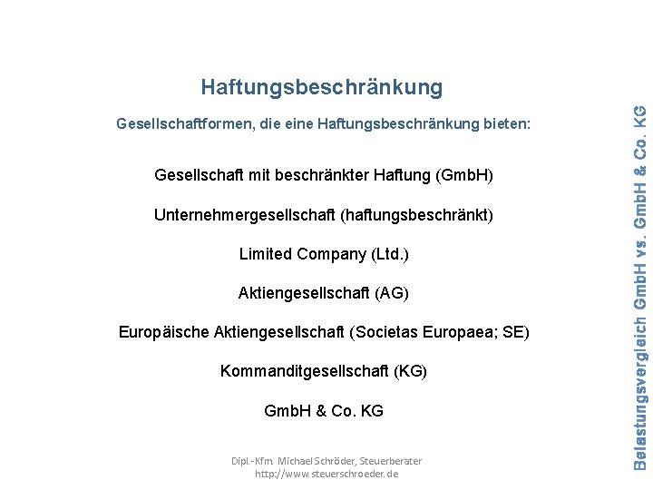 Gesellschaftformen, die eine Haftungsbeschränkung bieten: Gesellschaft mit beschränkter Haftung (Gmb. H) Unternehmergesellschaft (haftungsbeschränkt) Limited
