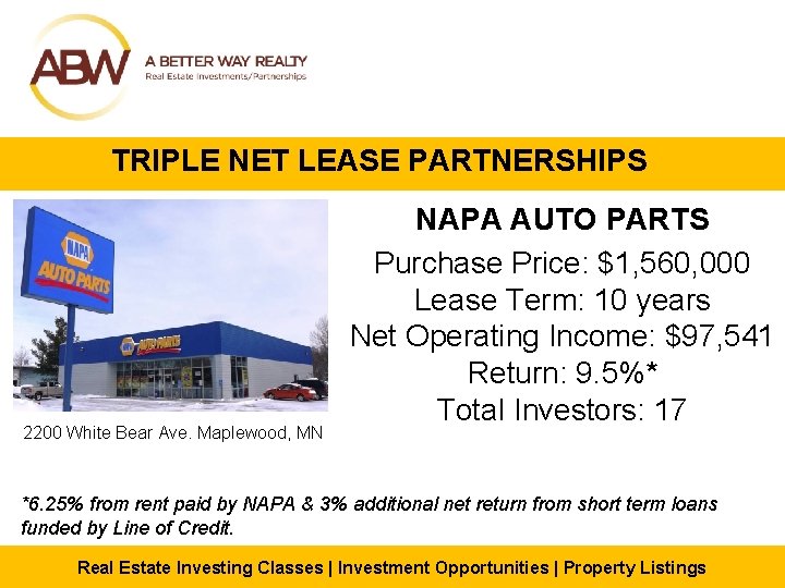 TRIPLE NET LEASE PARTNERSHIPS 2200 White Bear Ave. Maplewood, MN NAPA AUTO PARTS Purchase